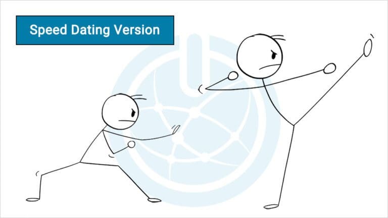 Two stick figures practicing fighting moves in front of M Global's icon logo. Banner reads Speed Dating Version