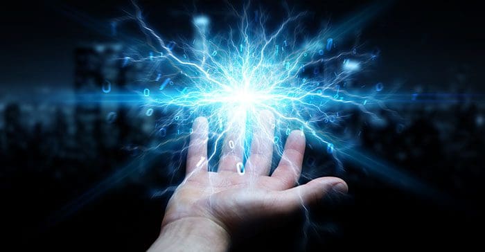 Hand held out with energy sparks above it with zeroes and ones in the energy rendering