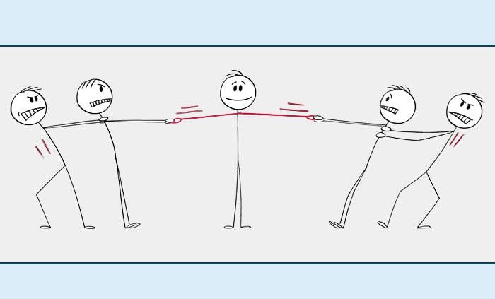 Stick figures. One in middle is being pulled by two people on the left and two people on the right of him.