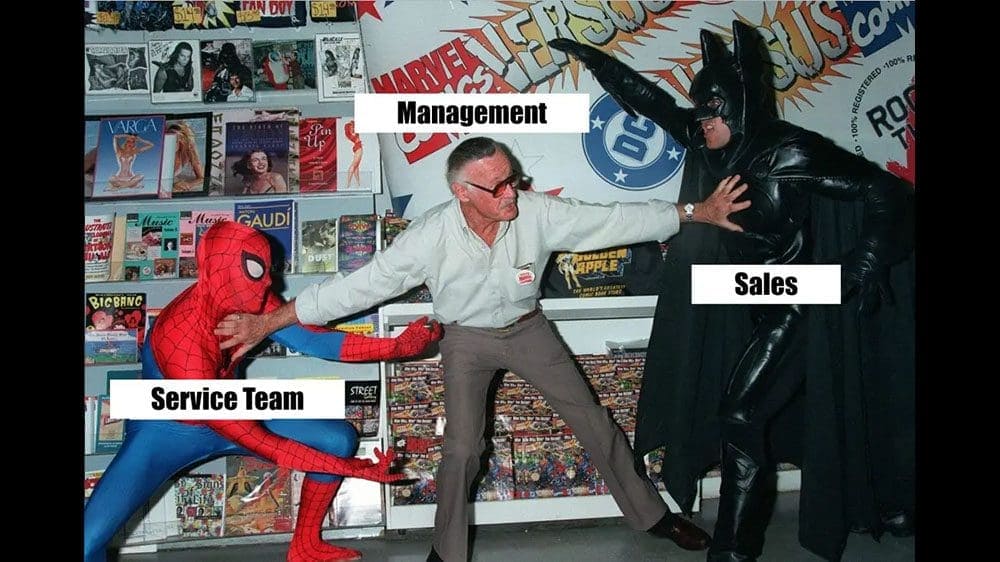 Stan Lee in a comic book shop stands between Spiderman and Batman, who look like they are about to attack each other. Stan Lee has his arms spread out holding them back from each other. Text over Stan Lee's head reads Management. Spiderman's text reads Service Team and Batman's text reads Sales