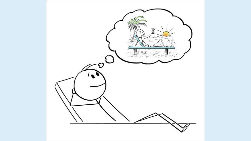 Stick figure at desk dreaming of vacation