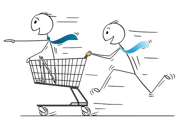 Stick figure wearing tie is in shopping cart pointing forward. Second stick figure is running as he pushes the cart. Both are smiling.