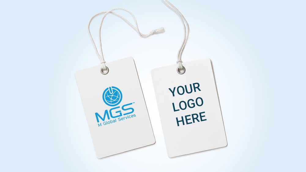 Two badges - one with M Global logo and the other with the text Your Logo Here.