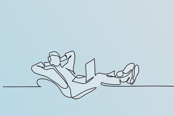 Continuous line drawing of a man relaxing with feet on desk and laptop on his lap.